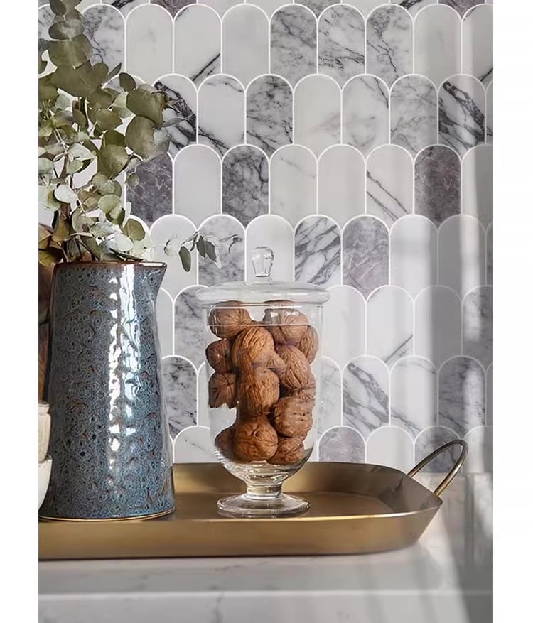 Fish Scales Marble Mosaic Tile - Dove Marble