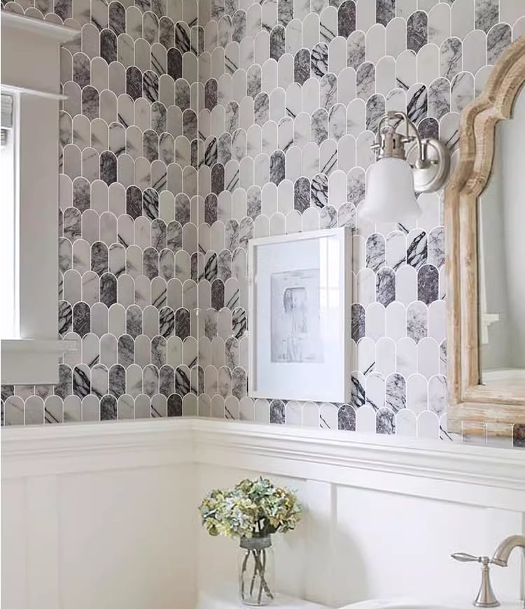 Fish Scales Marble Mosaic Tile - Dove Marble
