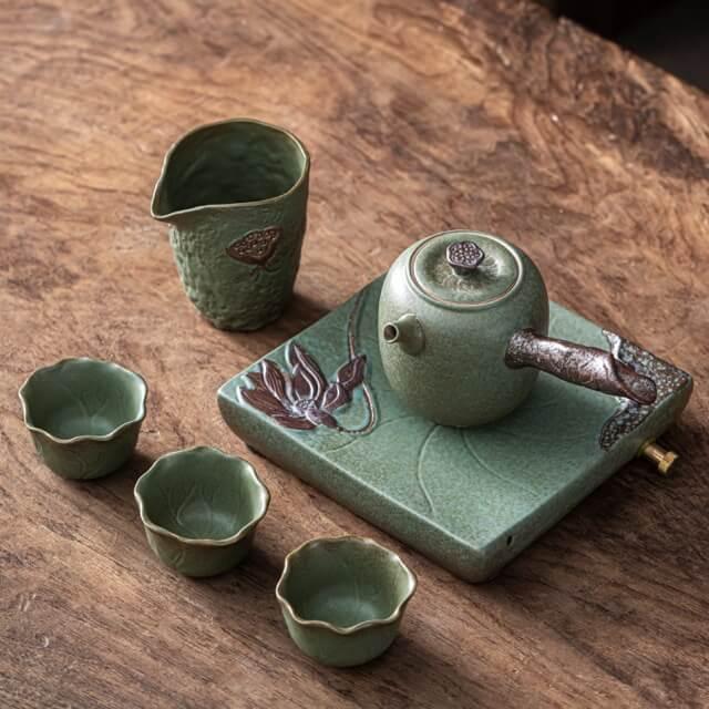 Japanese Early Lotus Side Grip Kung Fu Teapot Set - 6 pcs | One Pot And Three Cups  with Tray - mokupark.com