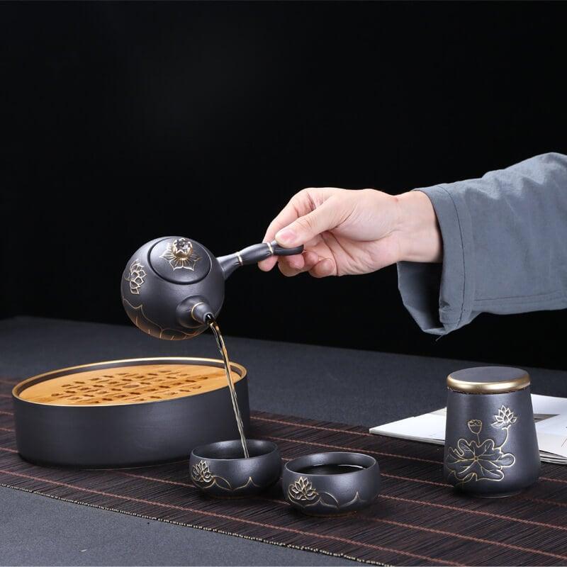 Portable Travel Hand Painted Lotus Stoneware Tea Set - 5pcs with Tea Tray - mokupark.com