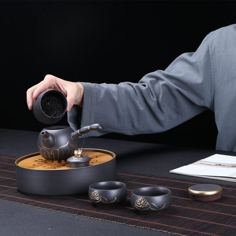 Portable Travel Hand Painted Lotus Stoneware Tea Set - 5pcs with Tea Tray - mokupark.com