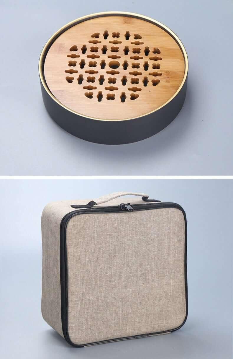 Portable Travel Hand Painted Lotus Stoneware Tea Set - 5pcs with Tea Tray - mokupark.com
