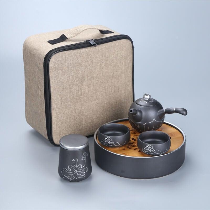 Portable Travel Hand Painted Lotus Stoneware Tea Set - 5pcs with Tea Tray - mokupark.com