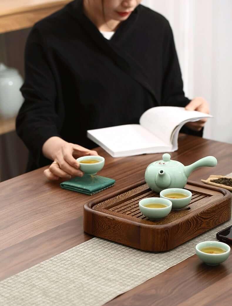 Simple Small Wenge Wood Tea Tray + One Pot Four Cups Dry Brew Set - mokupark.com