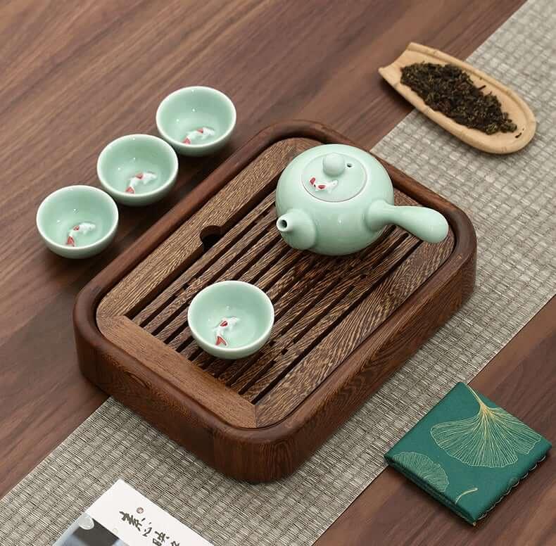 Simple Small Wenge Wood Tea Tray + One Pot Four Cups Dry Brew Set - mokupark.com