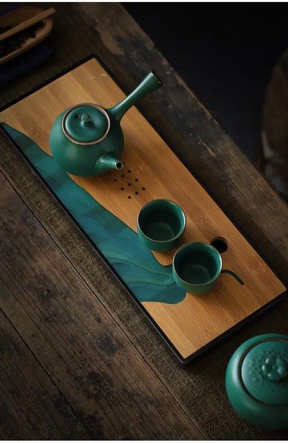 Japanese Dark Green Side Grip Teapot Set - 5pcs One Pot And Two Cups - mokupark.com