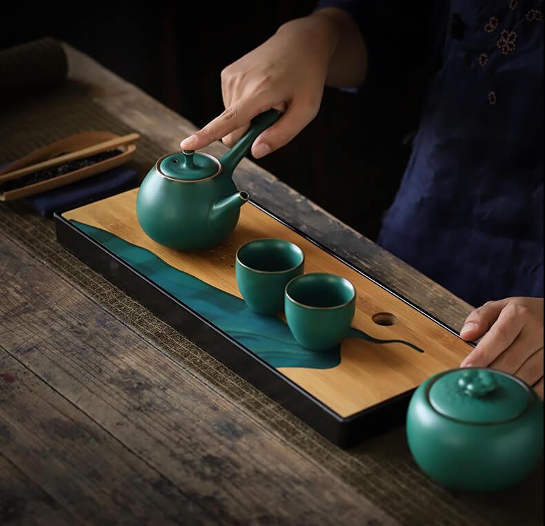 Japanese Dark Green Side Grip Teapot Set - 5pcs One Pot And Two Cups - mokupark.com