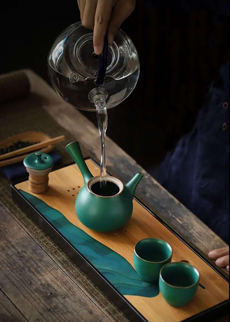 Japanese Dark Green Side Grip Teapot Set - 5pcs One Pot And Two Cups - mokupark.com