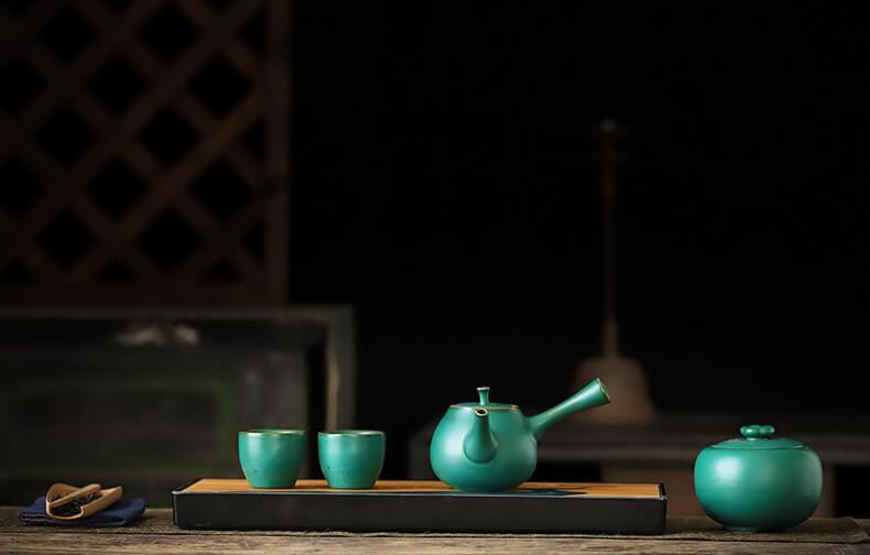 Japanese Dark Green Side Grip Teapot Set - 5pcs One Pot And Two Cups - mokupark.com