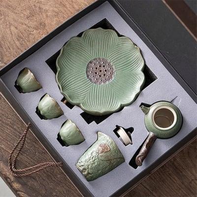 Japanese Petal Side Grip Kung Fu Teapot Set - 6 pcs | One Pot And Three Cups with Tray - mokupark.com