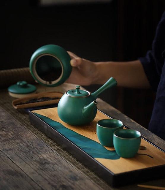 Japanese Dark Green Side Grip Teapot Set - 5pcs One Pot And Two Cups - mokupark.com