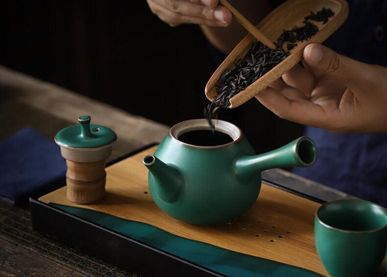 Japanese Dark Green Side Grip Teapot Set - 5pcs One Pot And Two Cups - mokupark.com