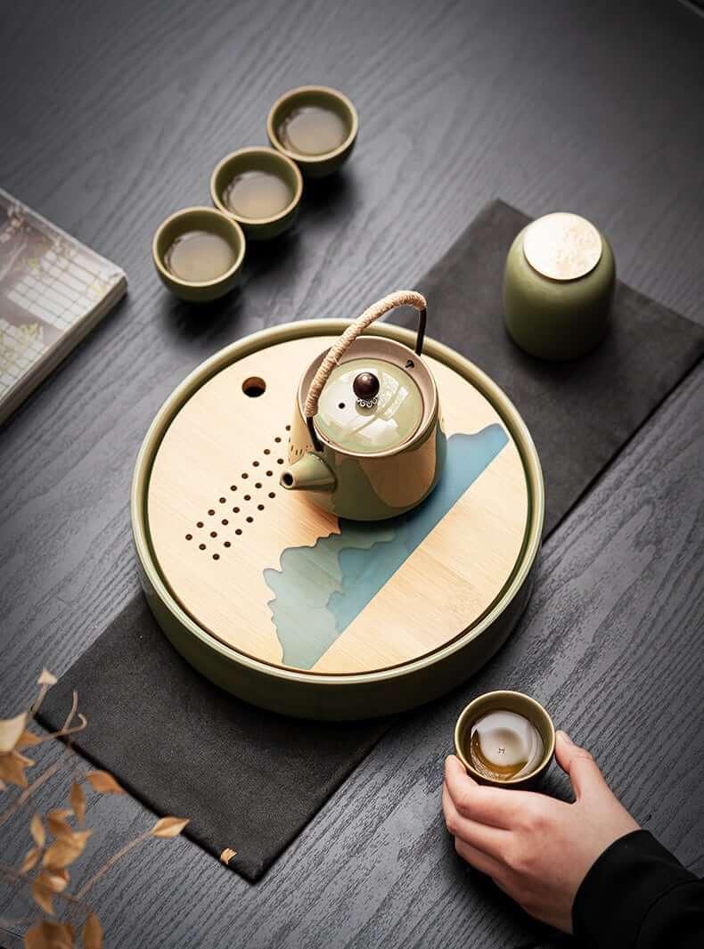 Japanese Bamboo Green Teapot With Beams Set - 7pcs One Pot And Four Cups - mokupark.com