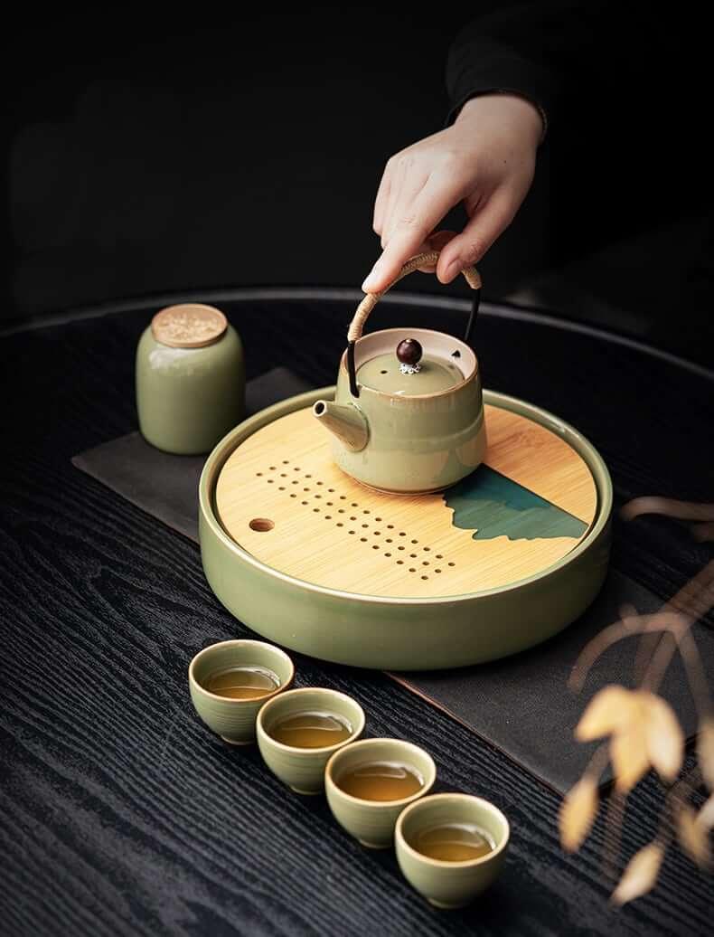 Japanese Bamboo Green Teapot With Beams Set - 7pcs One Pot And Four Cups - mokupark.com