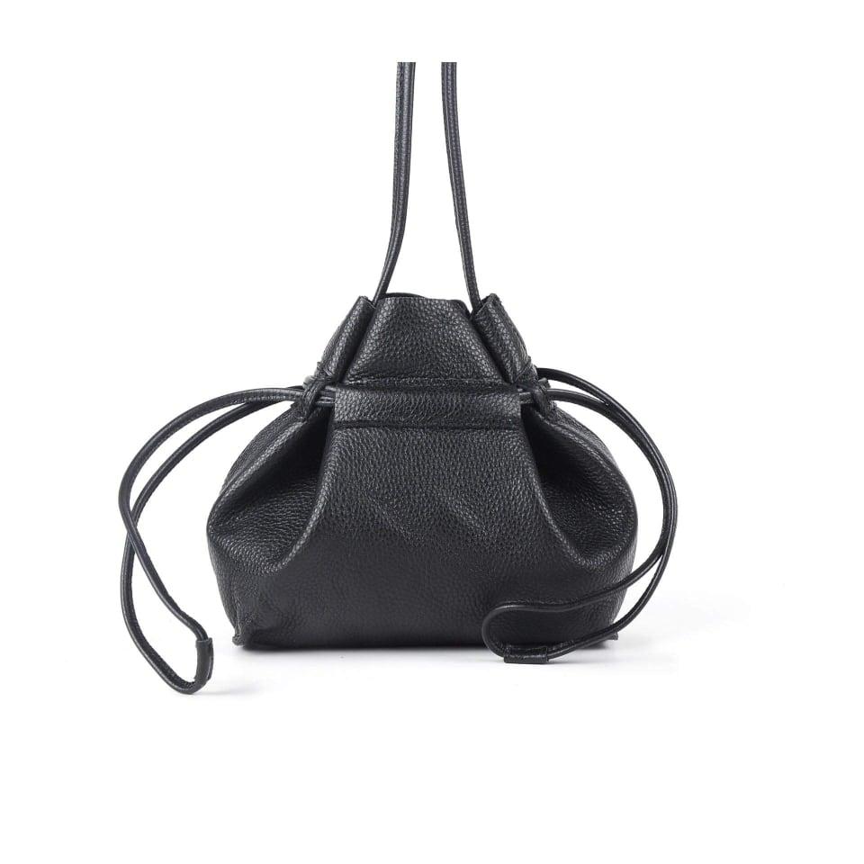 Black Full Grain Cow Leather Mini Drawstring Bucket Bag - loliday.net