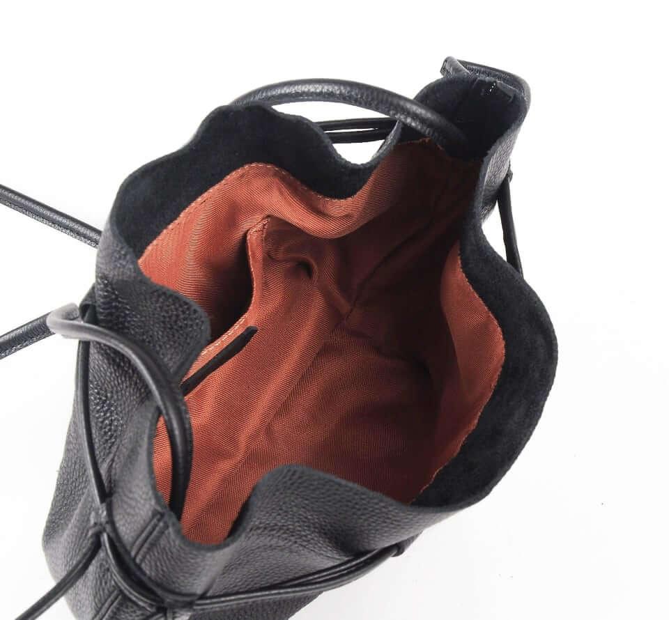 Black Full Grain Cow Leather Mini Drawstring Bucket Bag - loliday.net