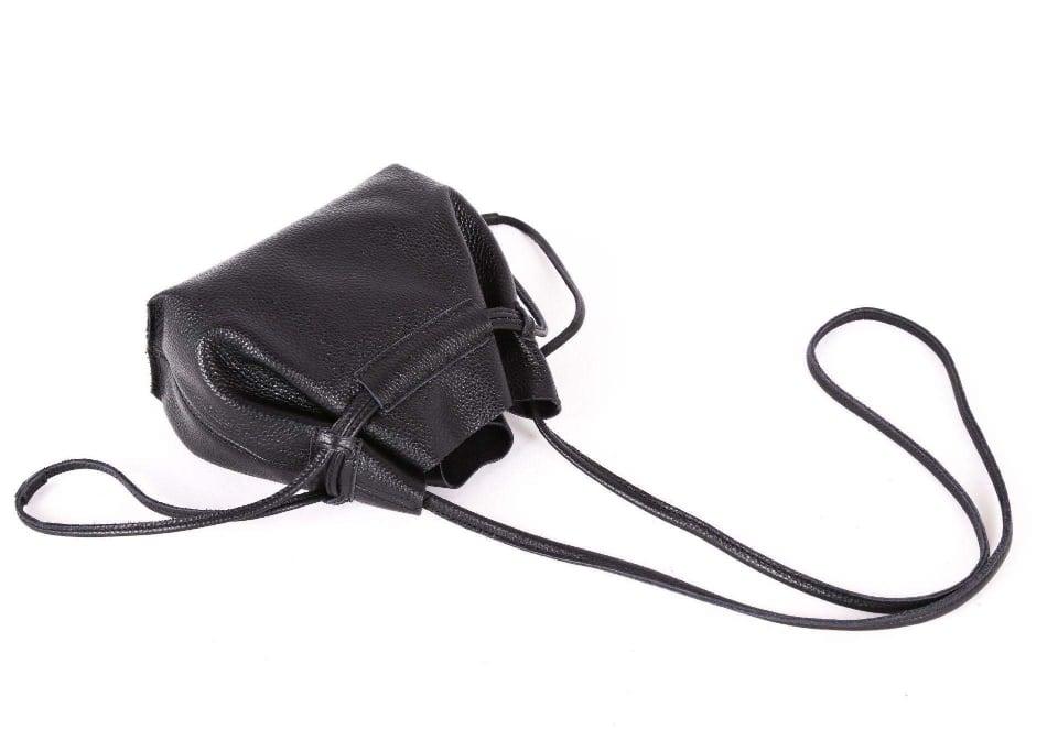 Black Full Grain Cow Leather Mini Drawstring Bucket Bag - loliday.net