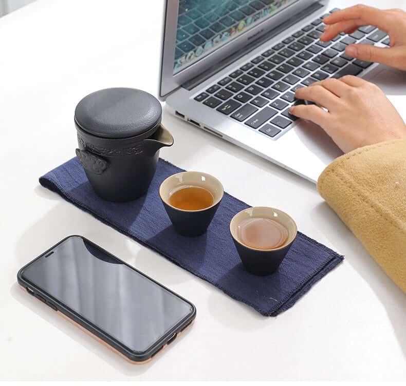 Portable Black Pottery Kung Fu Tea Set - One Pot Two Cups With Coaster - mokupark.com