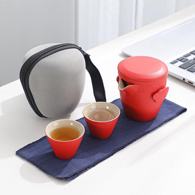 Portable Black Pottery Kung Fu Tea Set - One Pot Two Cups With Coaster - mokupark.com