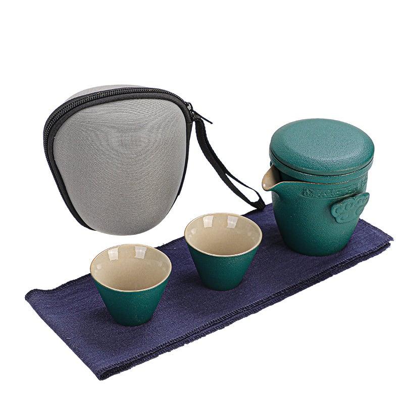 Portable Black Pottery Kung Fu Tea Set - One Pot Two Cups With Coaster - mokupark.com