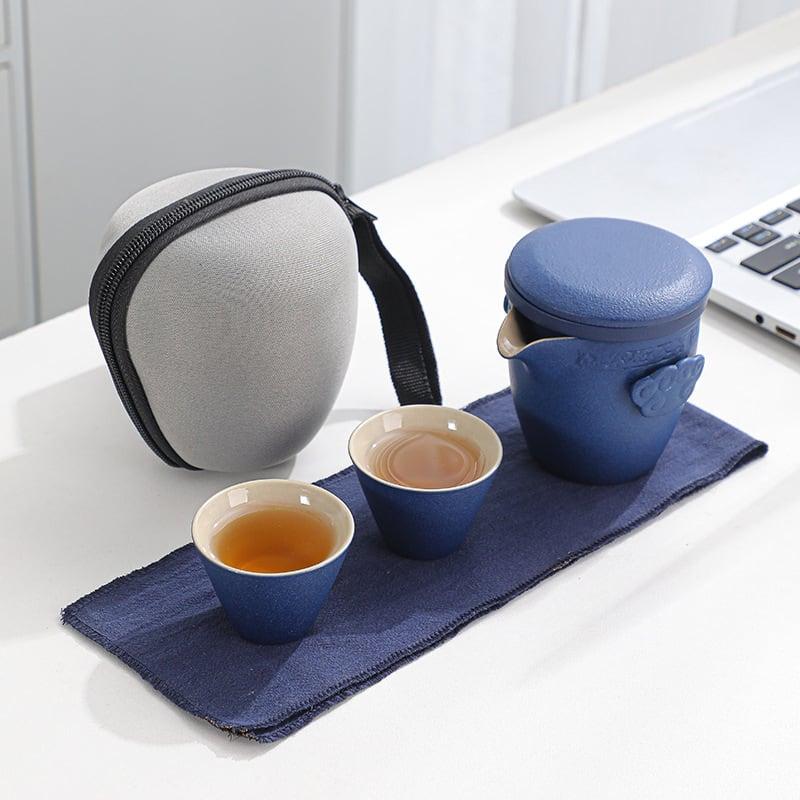 Portable Black Pottery Kung Fu Tea Set - One Pot Two Cups With Coaster - mokupark.com