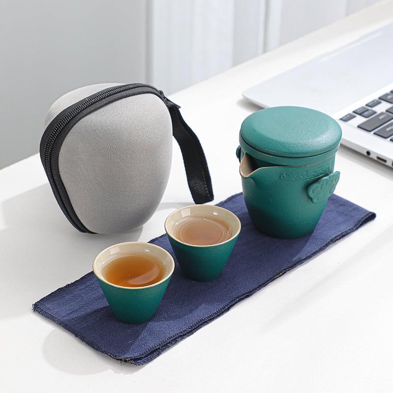 Portable Black Pottery Kung Fu Tea Set - One Pot Two Cups With Coaster - mokupark.com