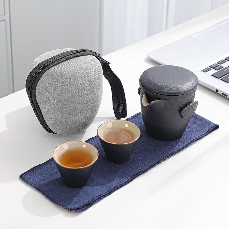 Portable Black Pottery Kung Fu Tea Set - One Pot Two Cups With Coaster - mokupark.com